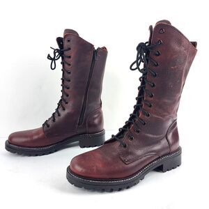 Martino Mid-Calf Ox Blood Leather Distressed Women combat Boots Burgundy 8.5M